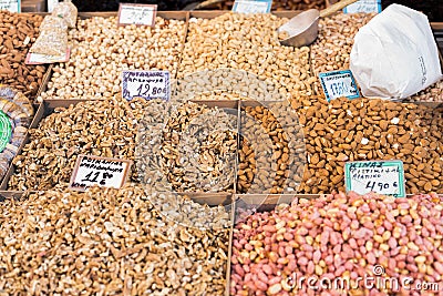 Almonds, peanuts, cashews, walnuts, hazelnuts and other nuts. The market in Greece. Stock Photo