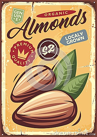 Almonds vintage metal sign esign concept Vector Illustration