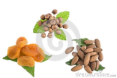 Almonds, walnut, dry raisin, dried apricots in one collection on white Stock Photo