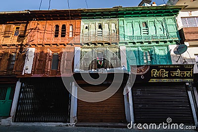 The old quaint wooden galleries in the Almora market Editorial Stock Photo
