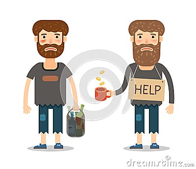 Alms for the poor. Homeless or street beggar. Unhappy man in filthy rags Vector Illustration