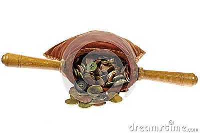 Almsbag filled with Euro coins Stock Photo