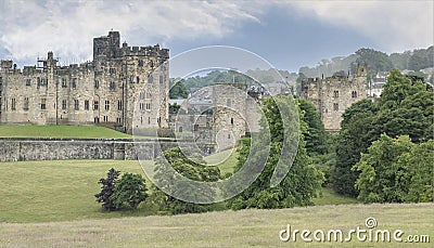 Panoramic view of Alnwick Castle on a hill Stock Photo