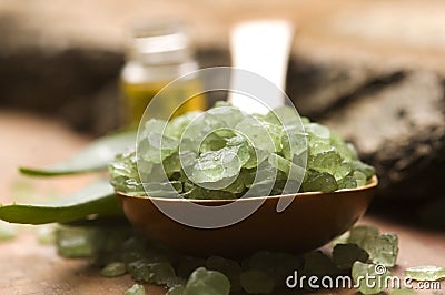 Aloe vera with bath salt and massage oil Stock Photo