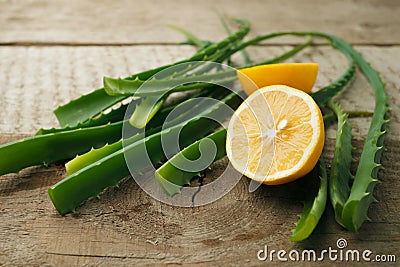 Aloe Vera, fresh lemon. Natural facial, skin and hair care recipe, homemade alternnative beauty cosmetic closeup. Stock Photo