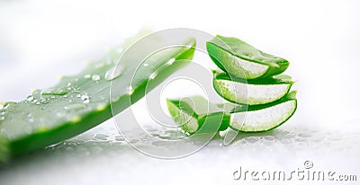 Aloe Vera gel closeup. Sliced Aloevera natural organic renewal cosmetics, alternative medicine. Organic skincare Stock Photo