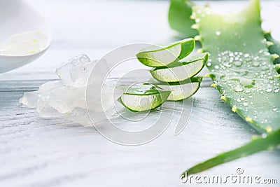 Aloe Vera gel closeup. Sliced Aloevera natural organic renewal cosmetics, alternative medicine. Organic skincare concept Stock Photo