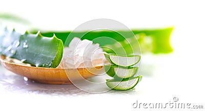 Aloe Vera gel closeup. Sliced Aloevera natural organic renewal cosmetics, alternative medicine. Organic skincare concept Stock Photo