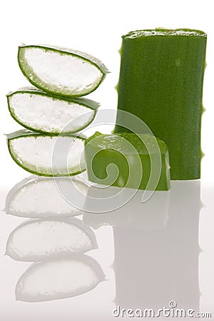 Aloe vera green fresh leafs sliced isolated over white background Stock Photo