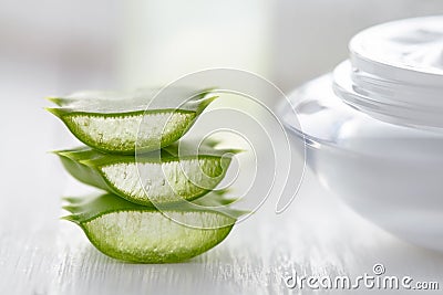 Aloe vera herbal slices healthy natural cosmetic product with cream Stock Photo