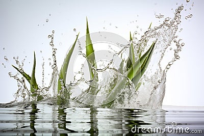 Aloe vera leaves slpashing in water, freeze with extreme fast shutter speed, macro closeup at white background, AI Stock Photo