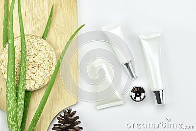 Aloe vera plant, Natural skincare beauty product .Cosmetic bottle containers with green herbal leaves. Stock Photo