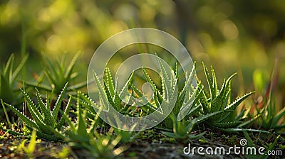 Aloe vera plant in natural sunlight. Macro shot of green succulent Stock Photo