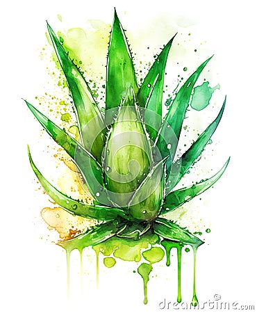Aloe Vera plant in watercolor splash over white background, aloe juice concept. Generative AI illustration Cartoon Illustration