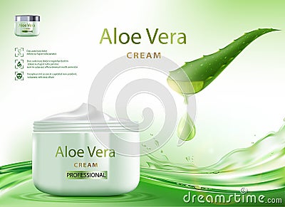 Aloe Vera skin care cream with plant leaves Vector Illustration