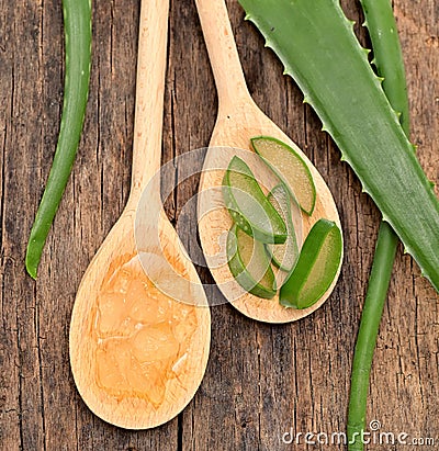 Aloe Vera Slices And Spoon With Aloe Gel Stock Photo