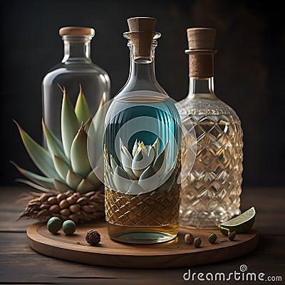 Aloe vera and tequila bottles on wooden background. generative ai Stock Photo