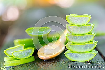 Aloe vera on wooden spoon on wooden table There are many useful herbs Stock Photo