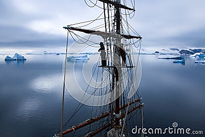 Aloft in a tallship, sailboat in Antarctica Stock Photo