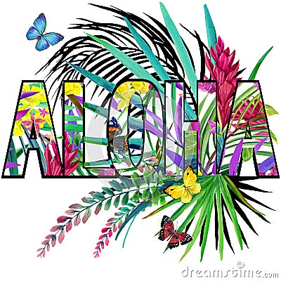 Aloha. Aloha Tee Shirt design. Tropical plants watercolor Stock Photo