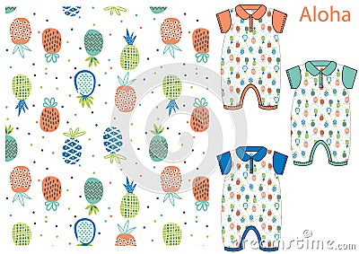 Aloha summer pineapple illustrated pattern for baby apparels Stock Photo