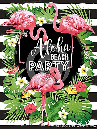 Aloha beach party. Vector illustration of tropical birds, flowers, leaves. Vector Illustration