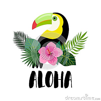 Aloha card design with exotic plants arrangement and toucan Vector Illustration