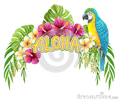 Aloha Hawaii greeting. Hand drawn watercolor painting with Parrot Macaw, Hibiscus flowers and palm leaf isolated on white Stock Photo