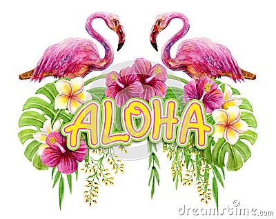 Aloha Hawaii greeting. Hand drawn watercolor painting with two pink Flamingo, Chinese Hibiscus rose flowers and palm leave Stock Photo