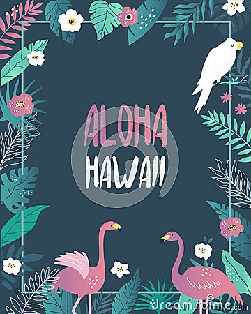 Aloha Hawaii party invitation template with tropical leaves, blossom flowers, flamingos and cockatoo Stock Photo