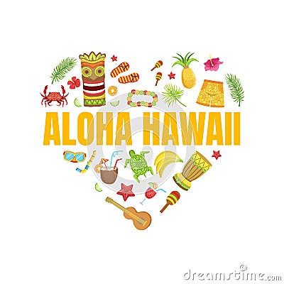 Aloha Hawaii Travel Banner Template with Travelling Sights and Symbols Pattern of Heart Shape, Hawaiian Summer Vector Illustration