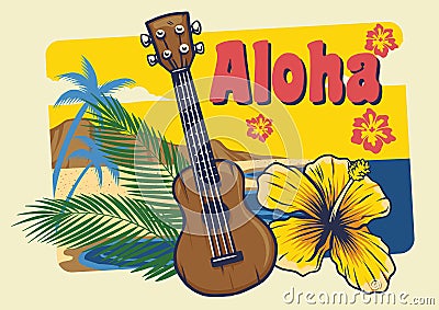 Aloha hawaii ukulele in vintage style Vector Illustration