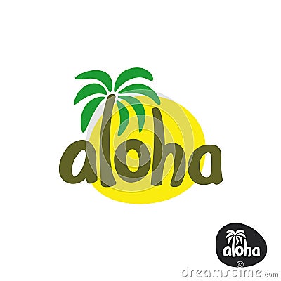 Aloha lettering word logo with palm tree and sun silhouette. Vector Illustration