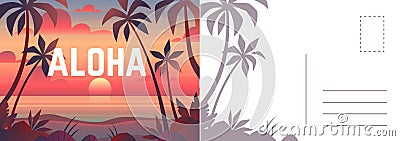 Aloha postcard. Card with summer landscape, seaside sunset and palm. Tropical paradise and outdoor recreation letter Vector Illustration