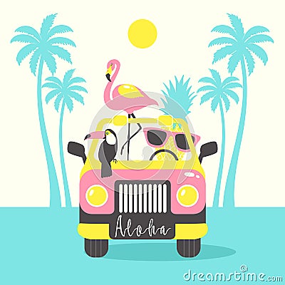 Aloha summer poster with toucan, flamingo, parrot, pineapple in the car. Can be used for poster, greeting card, bags, t-shirt. Vector Illustration