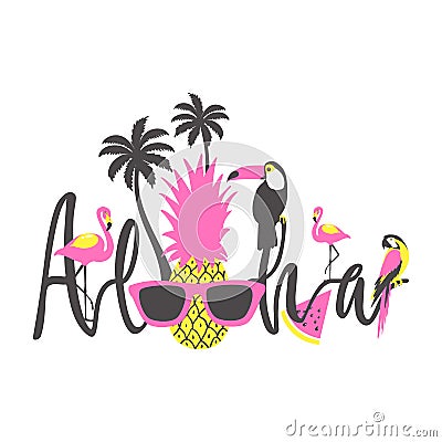 Aloha summer poster with toucan, flamingo, parrot, pineapple and palm. Vector Illustration