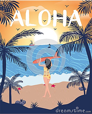 Aloha Summer Sunset Sea Ocean Beach Wave Surfboard, Palm Tree Star Fish tropical beach girl surfing Vector Illustration