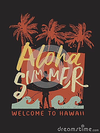 Aloha Summer surfer typography poster from hawaii Vector Illustration