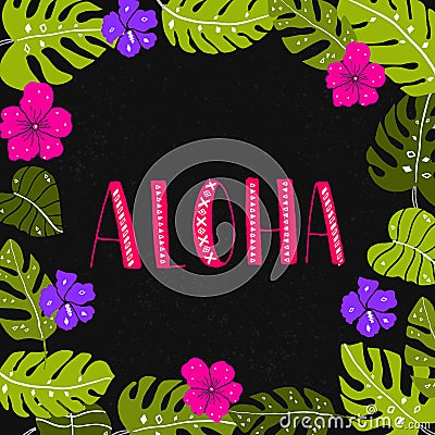 Aloha word in tropical leaves and flowers frame Vector Illustration