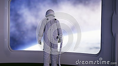 Alone astronaut in futuristic interior. Sci fi room view of the earth. 3d rendering. Stock Photo