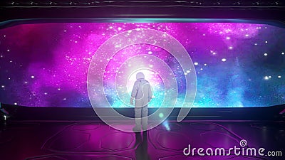 Alone astronaut in futuristic spaceship. View of the starry sky. 3d rendering Stock Photo