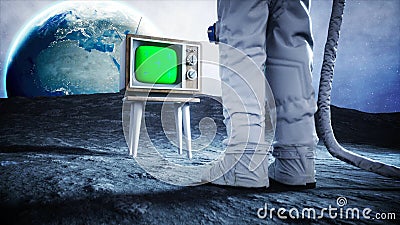 Alone astronaut on the moon watch old TV. Tracking your content. 3d rendering. Stock Photo