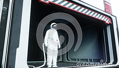 Alone astronaut in space. Sci fi futuristic corridor. view of the earth. 3d rendering. Stock Photo