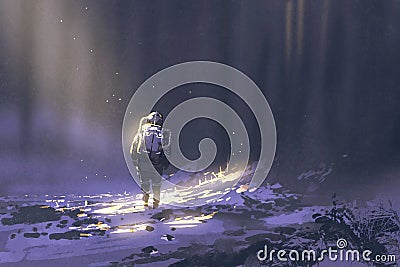 Alone astronaut walking in snow Cartoon Illustration