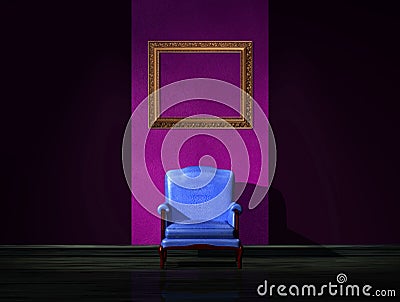 Alone blue chair with empty frame Stock Photo