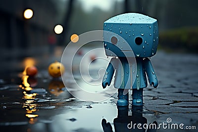 Alone, blue toy conveys a sad emotion on a rainy day Stock Photo