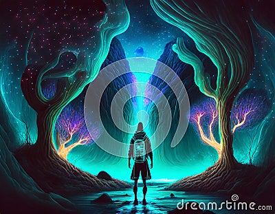 Alone Camping at night fantacy with creativity on digital art concept, Generative AI Stock Photo