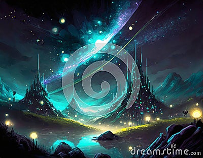 Alone Camping at night fantacy with creativity on digital art concept, Generative AI Stock Photo