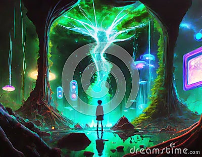 Alone Camping at night fantacy with creativity on digital art concept, Generative AI Stock Photo