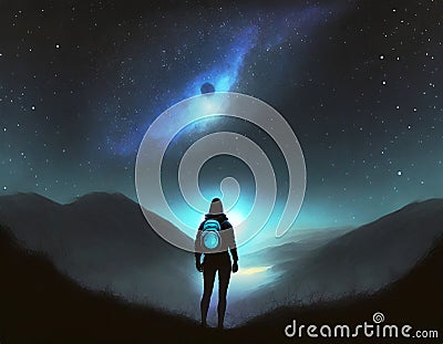 Alone Camping at night fantacy with creativity on digital art concept, Generative AI Stock Photo